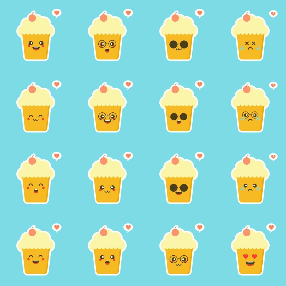 Cupcakes with cute face. kawaii Comic characters. Vector cartoon in flat style. can Use for card, mascot poster, banner, web design and print on t-shirt. Easy to edit.