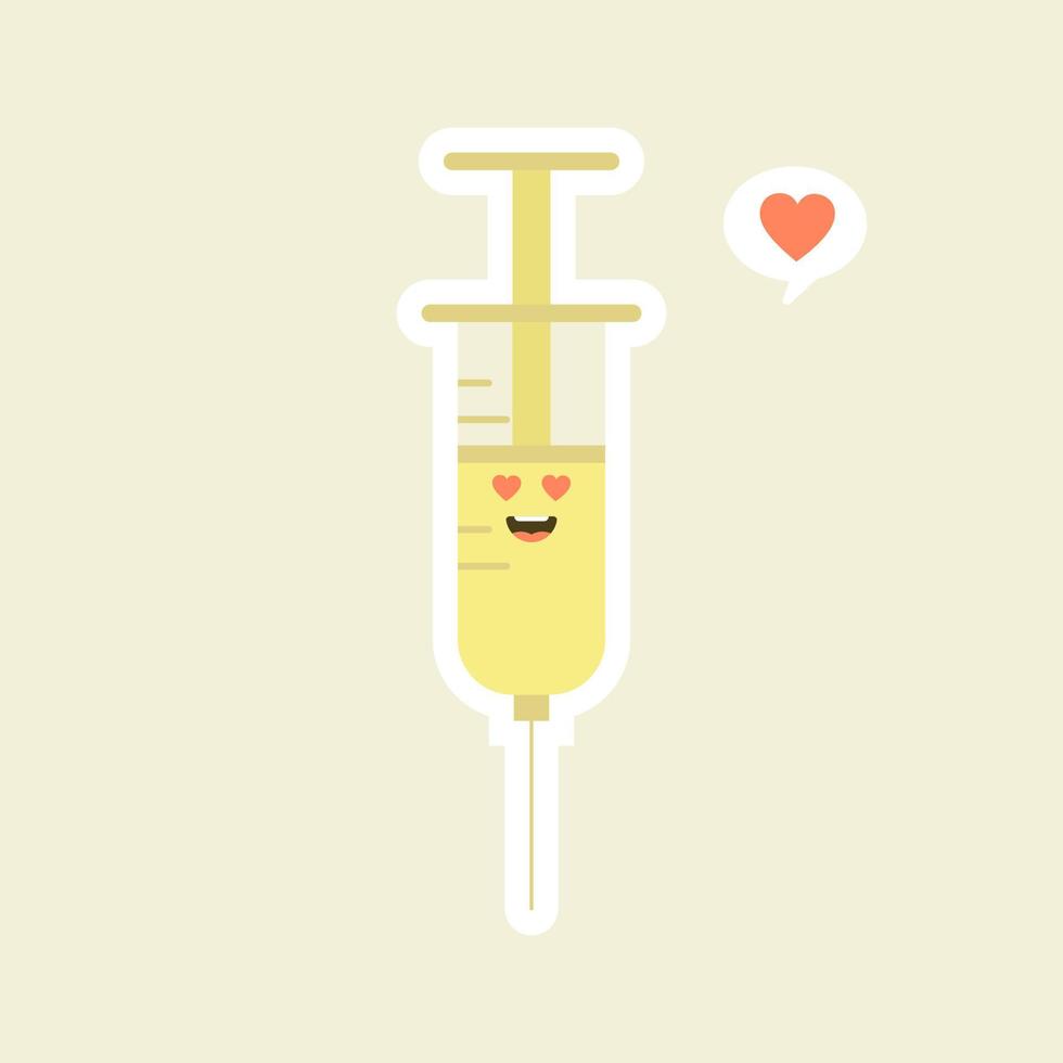 Cute and kawaii syringe. Vector flat cartoon character illustration icon design. Syringe, medical vaccine concept. can use for poster, element, mascot, emoji, emoticon for virus, corona virus covid-19