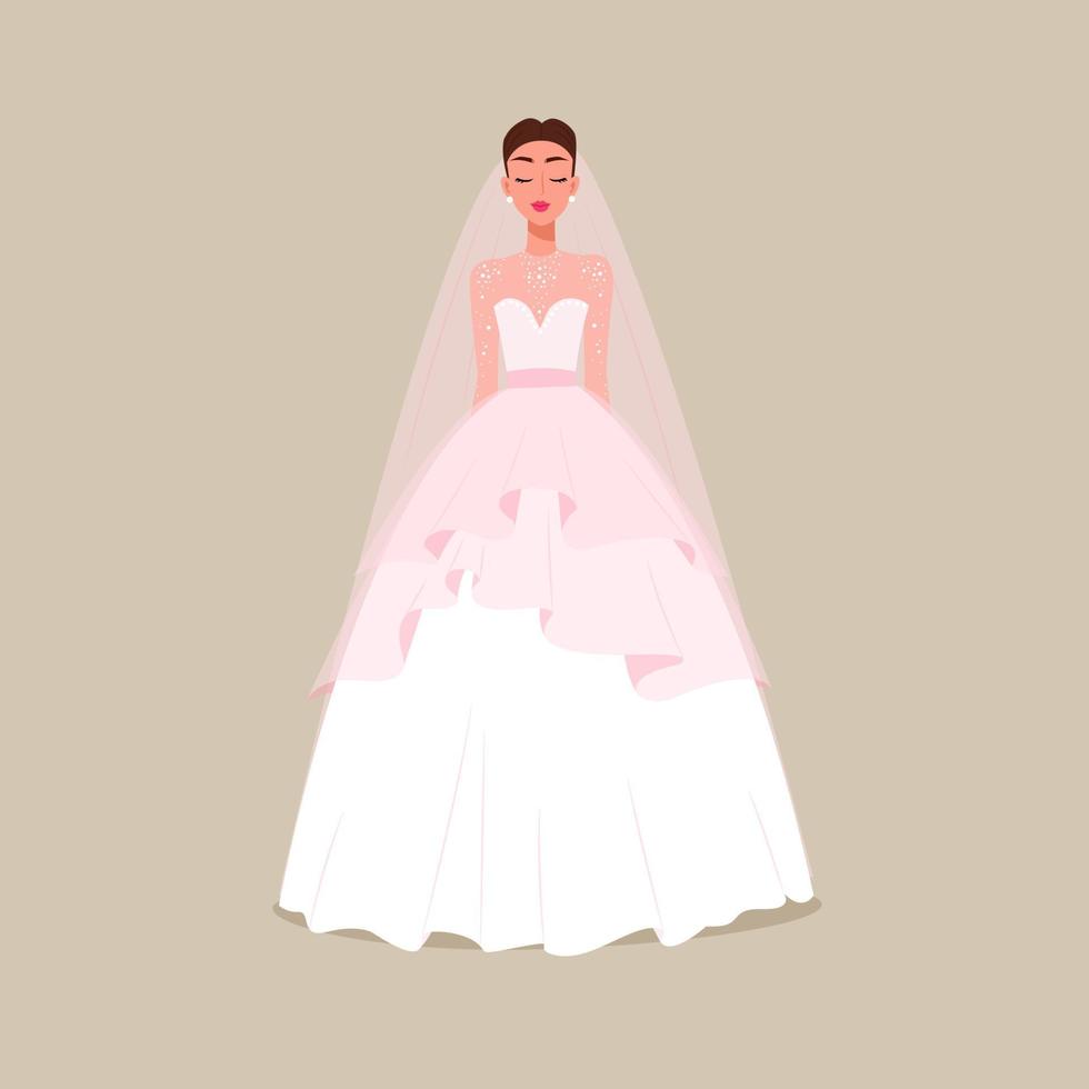 The bride in a lush dress with a veil. Vector illustration in flat cartoon style