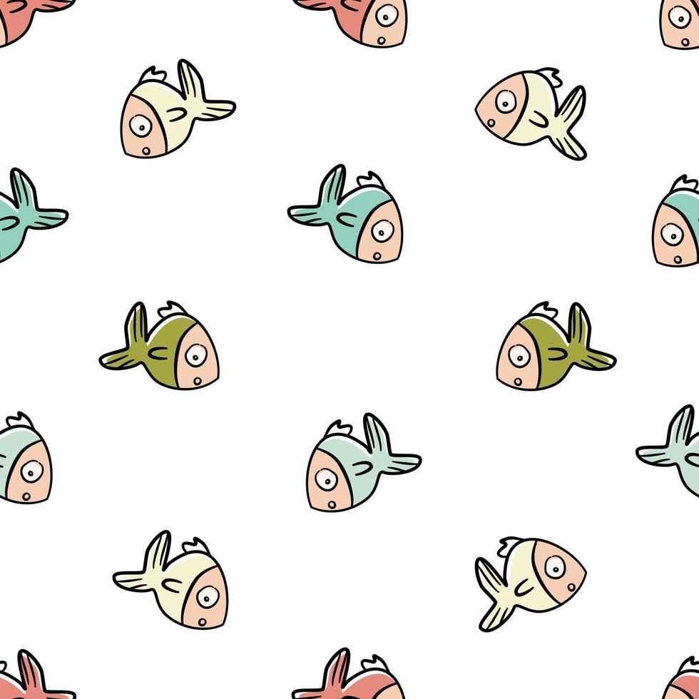 Cute cartoon fish seamless pattern. Funny hand drawn animal character.  Flat vector illustration.