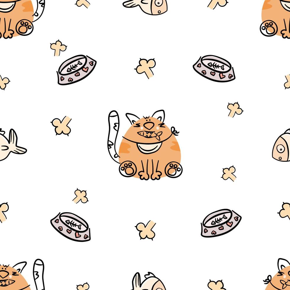 Cute cartoon cat and fish vector seamless pattern. Funny hand drawn animal characters. Suitable for fabric, textile, wrapping paper, wallpaper.