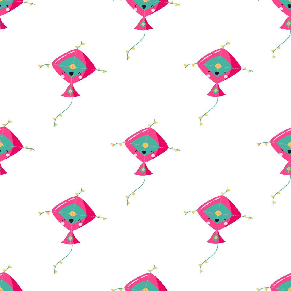 Cute kites seamless pattern.  Hand drawn wind flying toys with funny faces, elements for kite festival. Makar Sankranti.  Flat vector illustration in cartoon style.