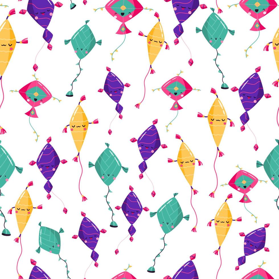 Cute kites seamless pattern.  Hand drawn wind flying toys with funny faces, elements for kite festival. Makar Sankranti.  Flat vector illustration in cartoon style.