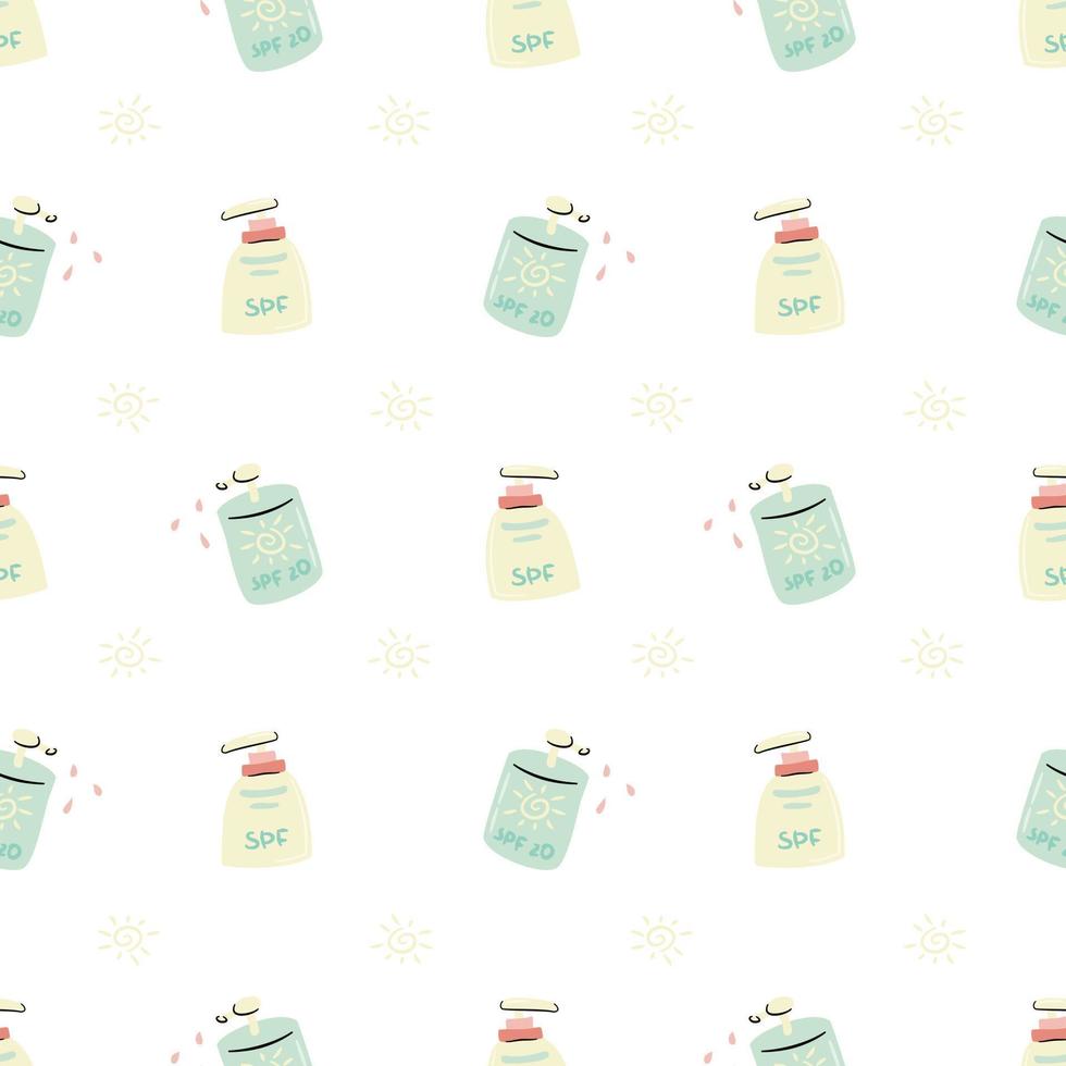 Cosmetic sunscreen bottles seamless pattern. Hand drawn packagings of summer cream with SPF.  Concept of skin protection, skin care. Flat vector illustration in cartoon style.