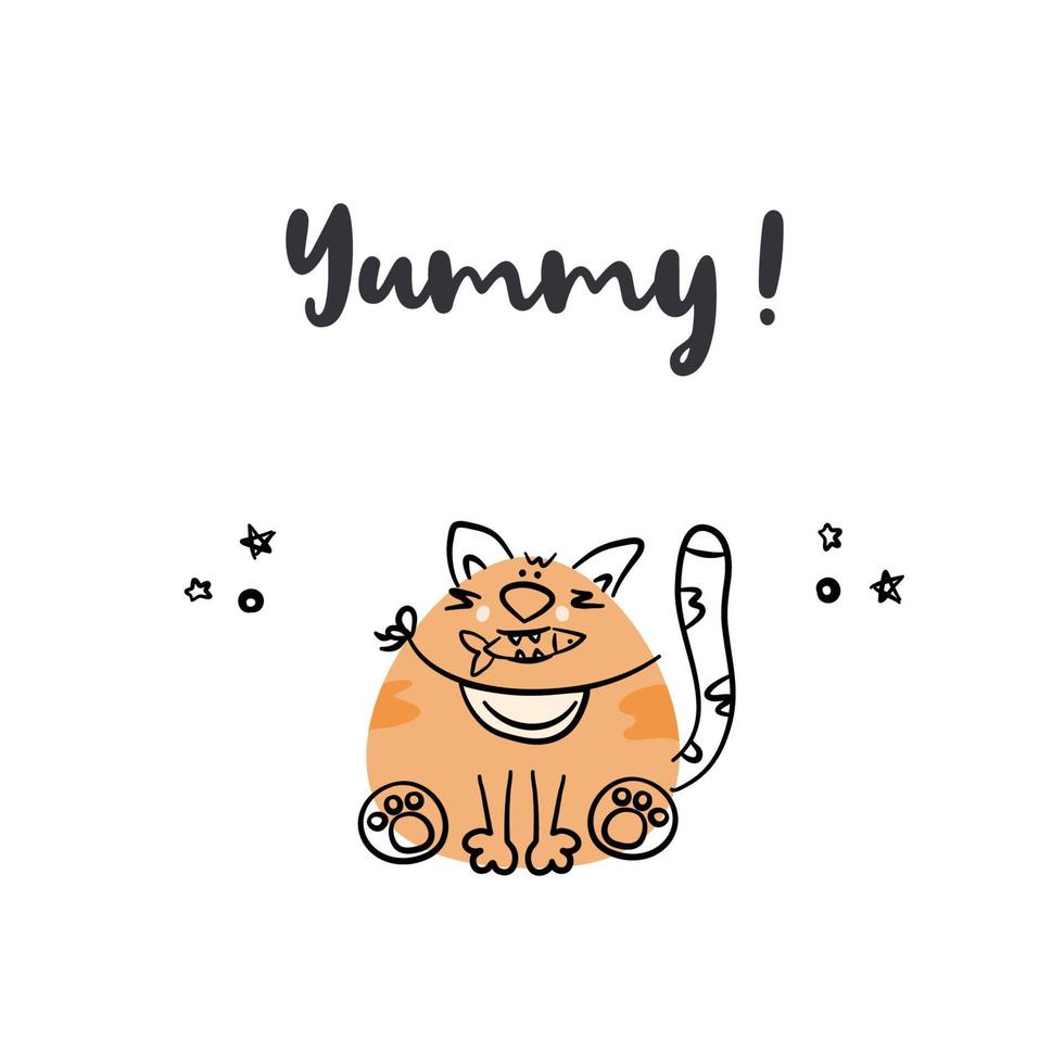 lindo gato de dibujos animados. divertido personaje animal dibujado a mano aislado sobre fondo blanco. estampado para camiseta, adecuado para tarjetas, carteles. ilustración vectorial plana. vector