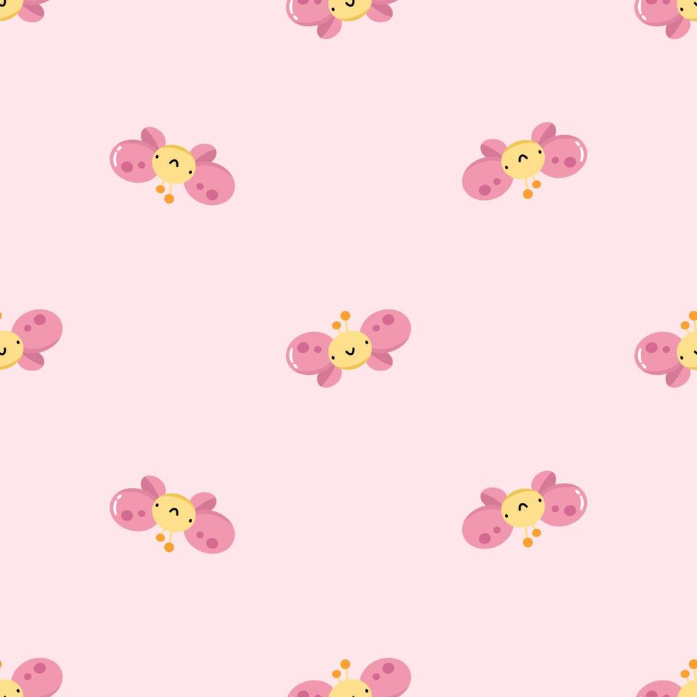 Cartoon butterflies vector seamless pattern. Cute animal character isolated on pink background. Print for kids design. Suitable for fabric, textile, wrapping paper, wallpaper.