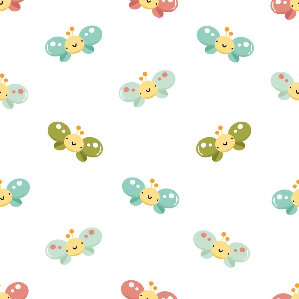 Cartoon butterflies vector seamless pattern. Cute animal character isolated on white background. Print for kids design. Suitable for fabric, textile, wrapping paper, wallpaper.