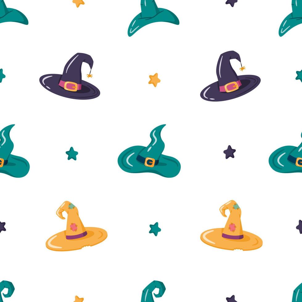 Cartoon witches and wizards hats vector seamless pattern.  Decorative elements for Halloween party with different accessories. Magic caps for holiday design.