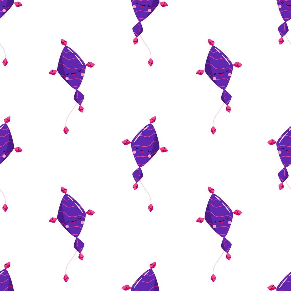 Cute kites seamless pattern.  Hand drawn wind flying toys with funny faces, elements for kite festival. Makar Sankranti.  Flat vector illustration in cartoon style.