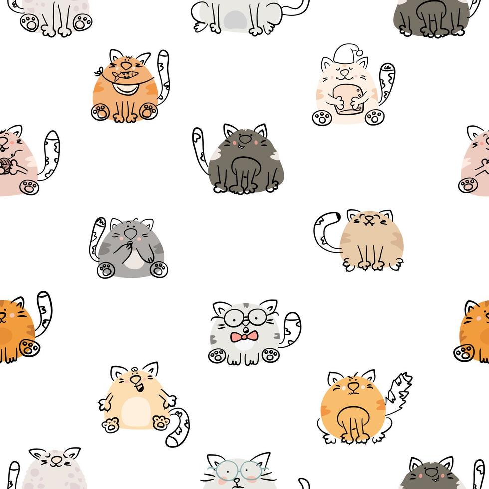 lindos gatos de dibujos animados vector de patrones sin fisuras. divertidos personajes animales dibujados a mano con diferentes emociones. adecuado para tela, textil, papel de envolver, papel pintado.