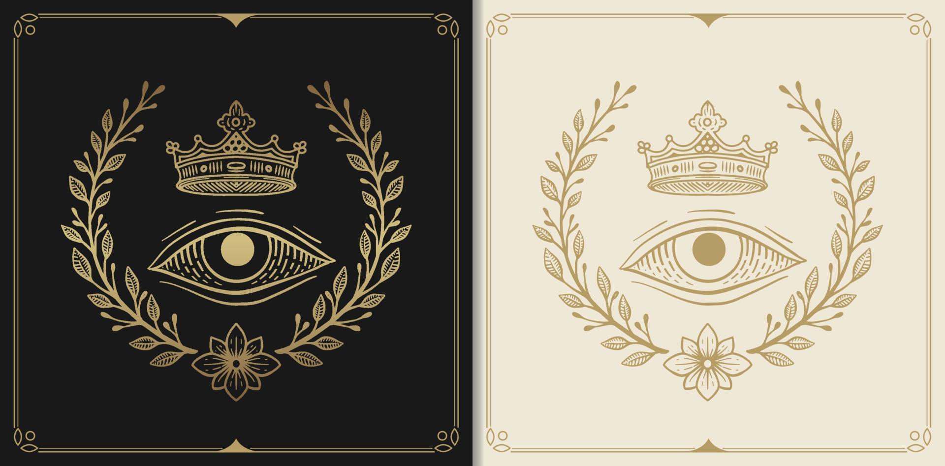 Royal symbol, eye, crown with engraving, hand drawn, luxury, celestial, esoteric, boho style, fit for spiritualist, religious, paranormal, tarot reader, astrologer or tattoo vector