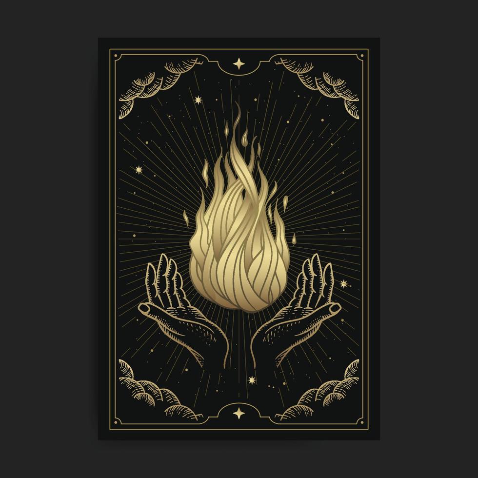 manos sosteniendo fuego mágico con grabado, dibujado a mano, lujo, celestial, esotérico, estilo boho, apto para espiritualista, religioso, paranormal, lector de tarot, astrólogo o tatuaje vector