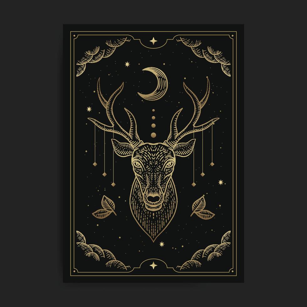 Deer head with moon eclipse engraving hand drawn vector