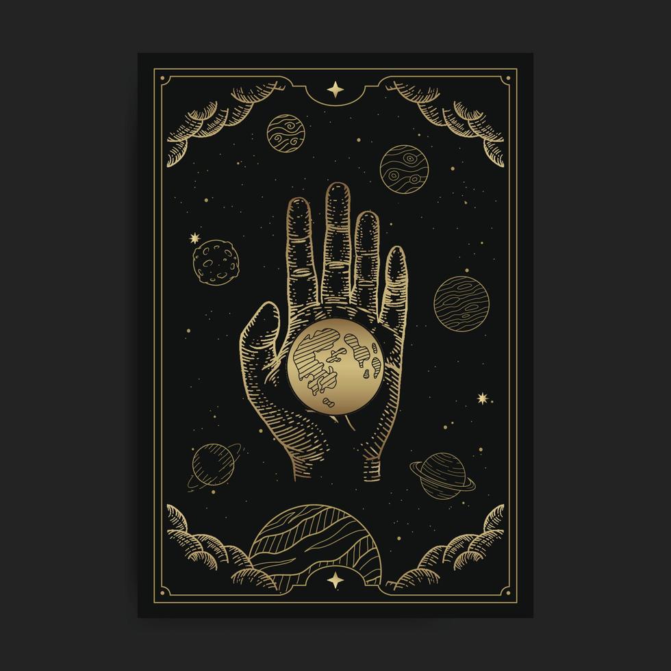 Great hand holding planet with engraving, hand drawn, luxury, celestial, esoteric, boho style, fit for spiritualist, religious, paranormal, tarot reader, astrologer or tattoo vector