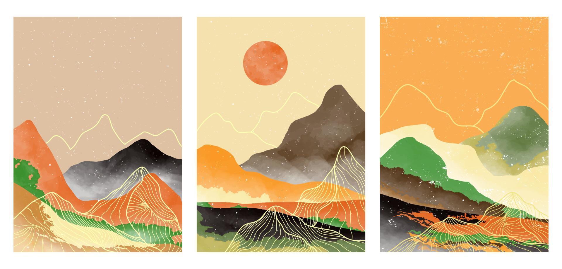 conjunto de ilustraciones creativas minimalistas pintadas a mano de arte moderno de mediados de siglo. fondo de paisaje abstracto natural. montaña, bosque, mar, cielo, sol y río vector