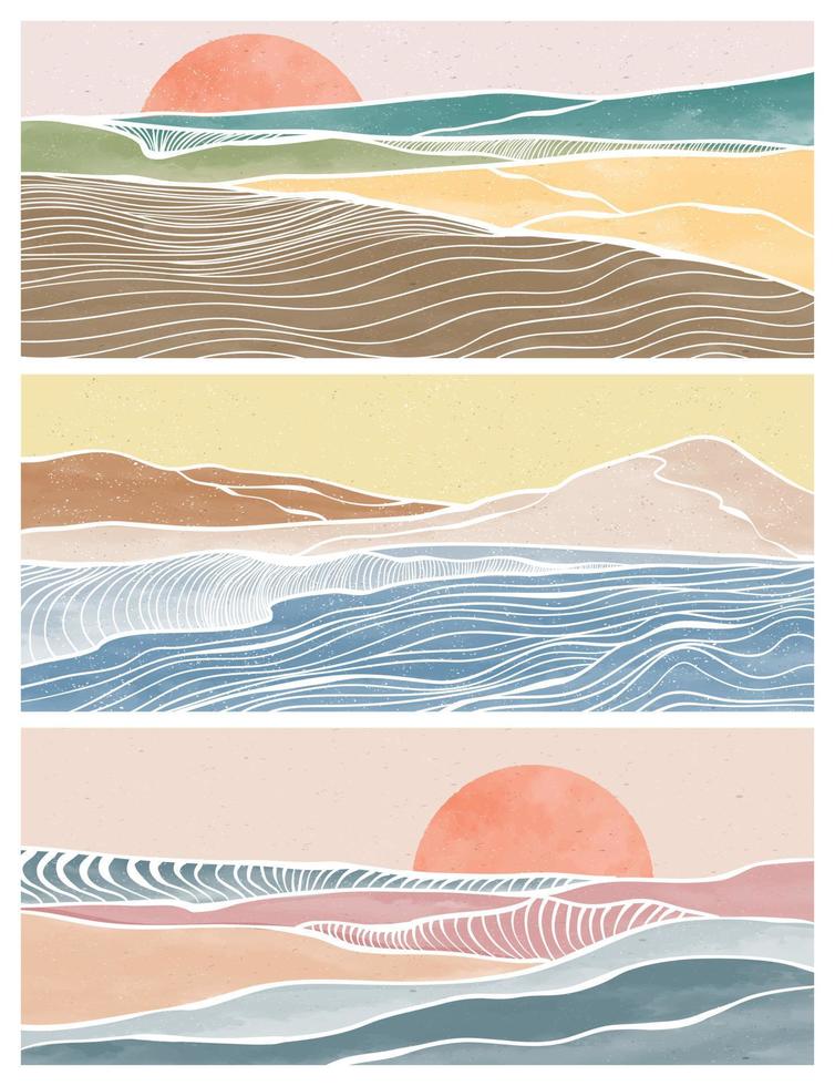 conjunto de impresión de arte de línea moderna minimalista creativa. paisajes abstractos de fondos estéticos contemporáneos de olas oceánicas. con mar, horizonte, ola. ilustraciones vectoriales vector