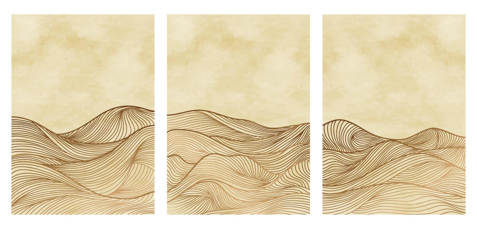 Backgrounds landscapes with line art print.  with mountain, sea, skyline, wave. vector illustrations