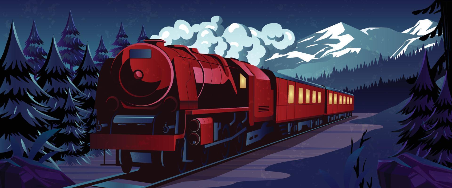 ilustración de paisaje de diseño plano de vector de tren vintage de noche