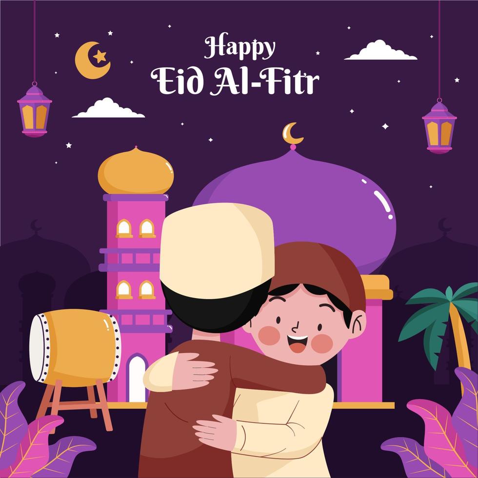 abrazándose para celebrar eid al-fitr vector