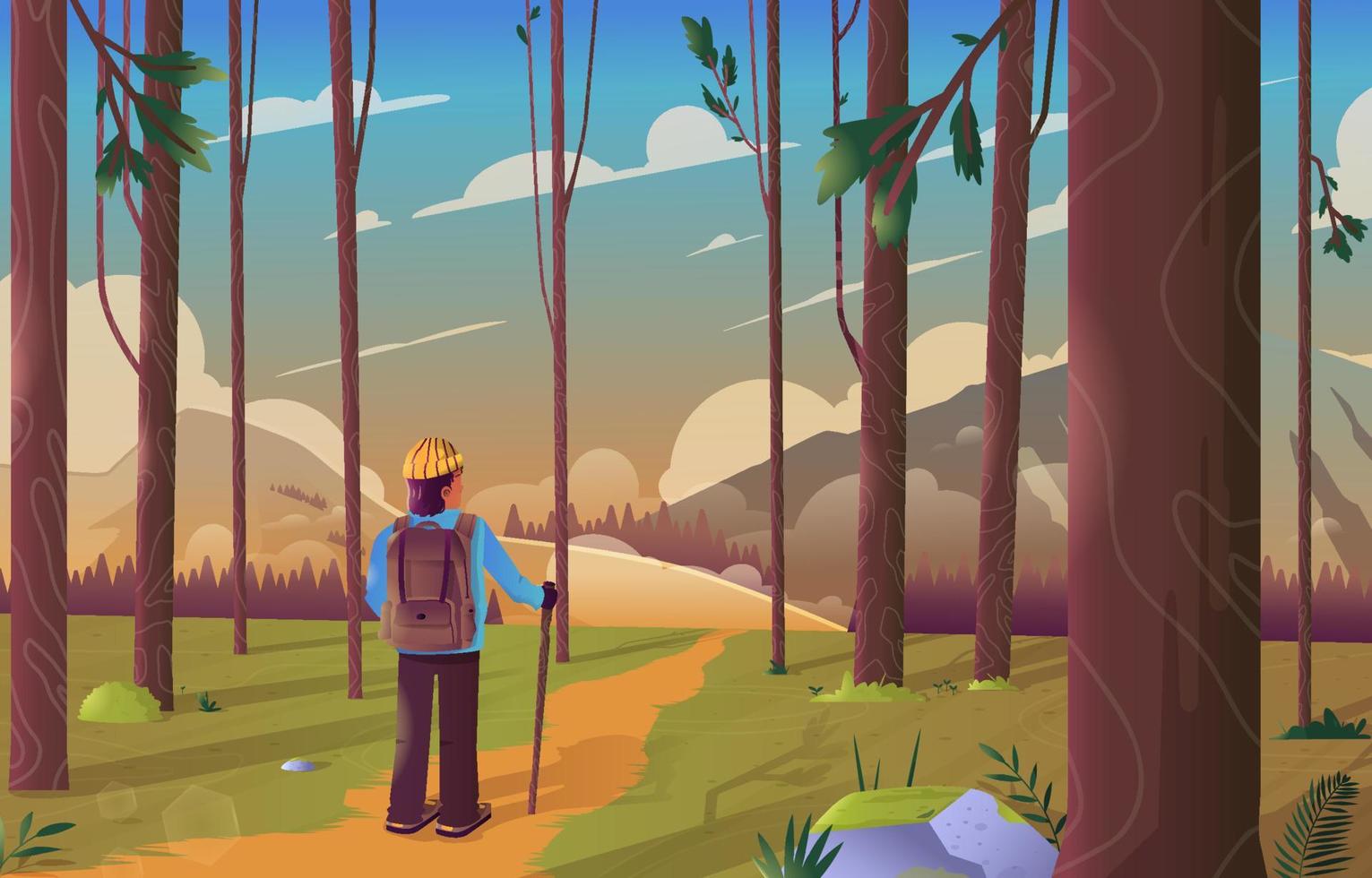 Wanderer in the Middle of Summer Forest vector