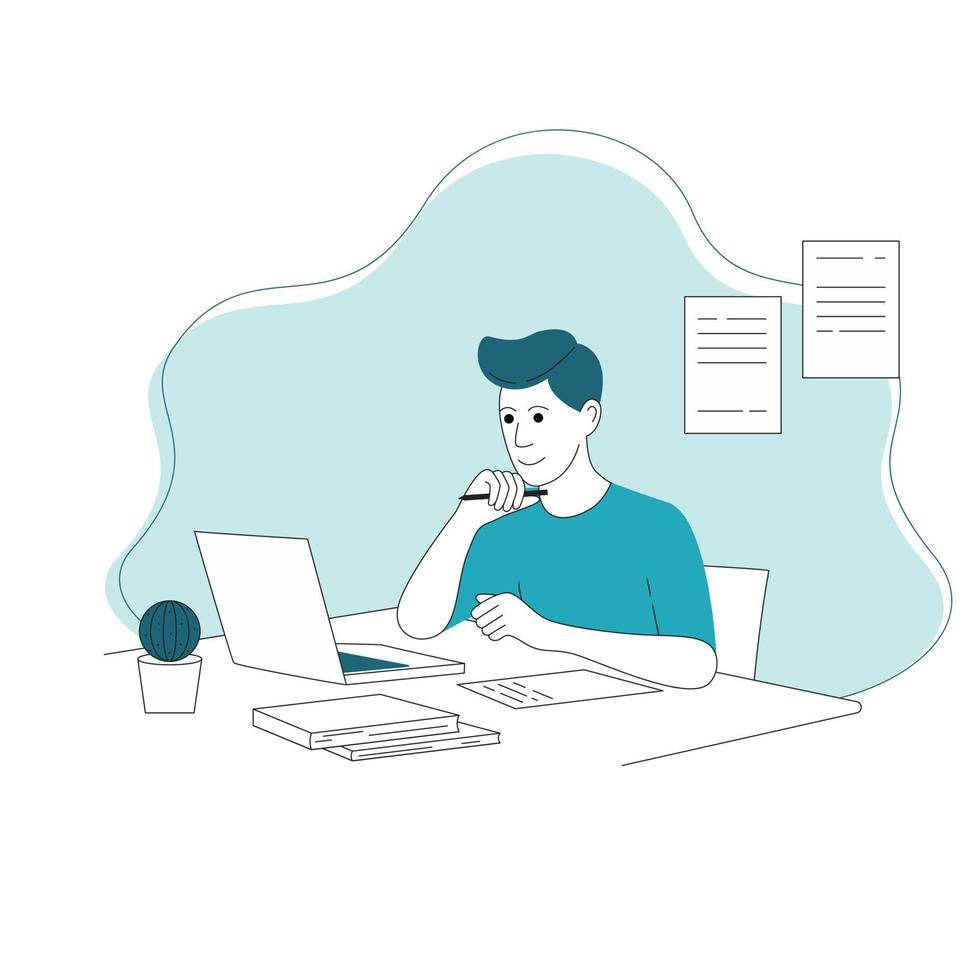 Thinking man at work desk vector