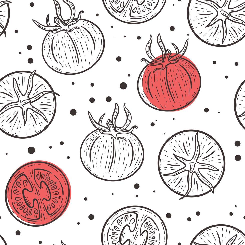 tomates grabado a mano patrón vintage sin costuras. fondo con esbozo de ajo verduras y manchas de colores. ilustración de vector de modelo de alimentos. plantilla para tela, embalaje y diseño.