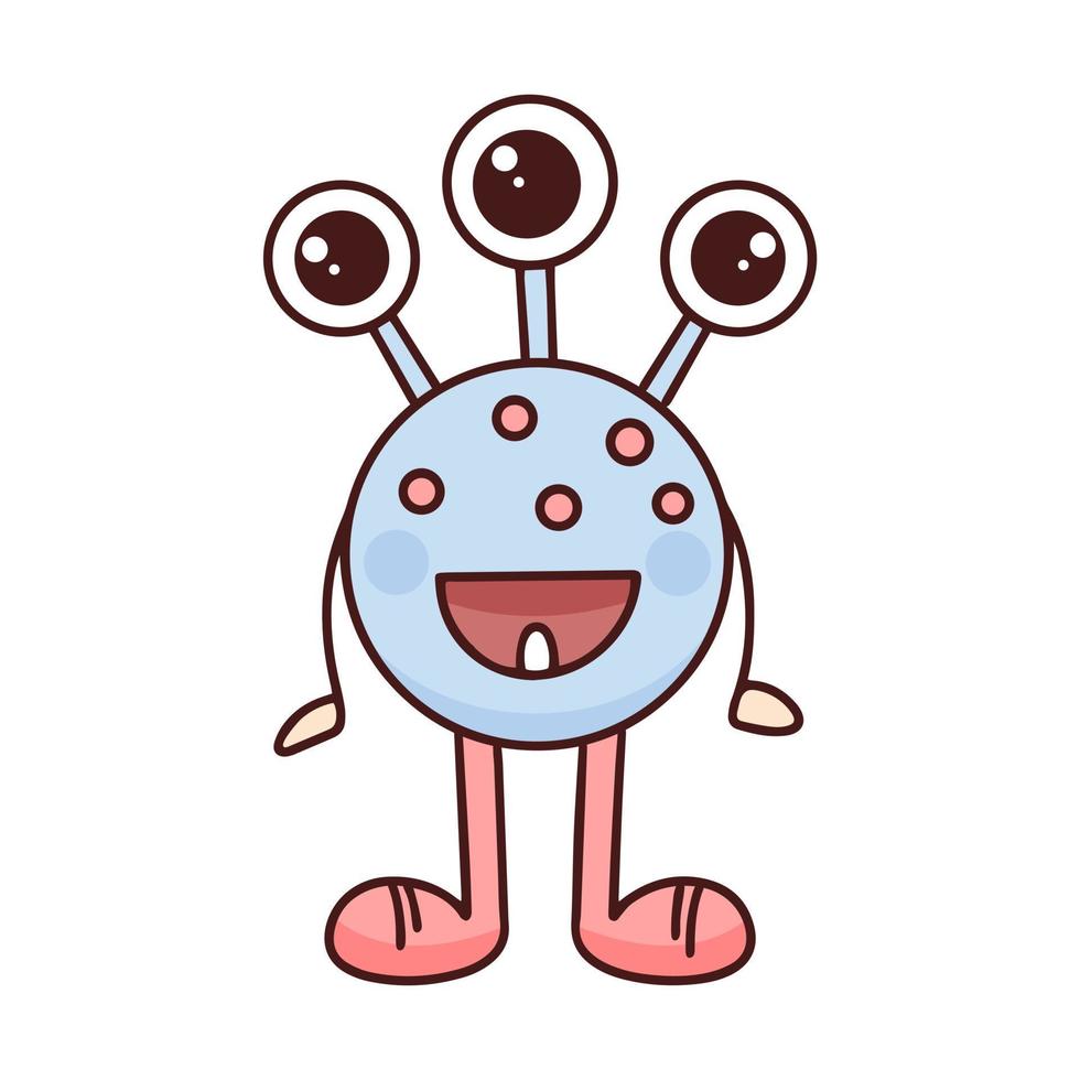 Funny monster with three eyes and one tooth isolated object vector