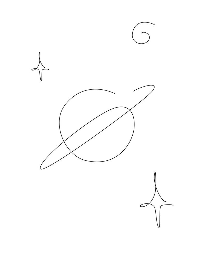 Planet in the space. One line Saturn and stars vector