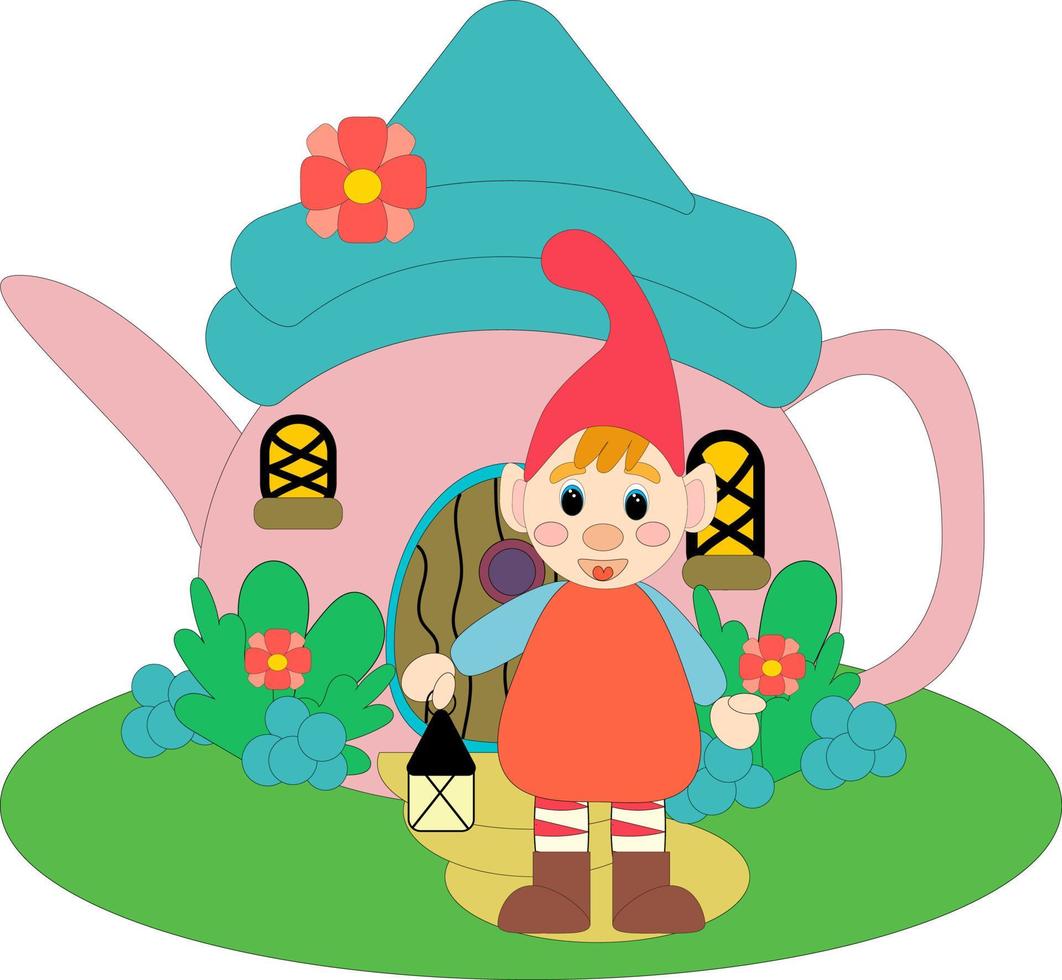 Cute dwarf with a flashlight on the background of a house with flowers and plants. Vector cartoon illustration on a white background.