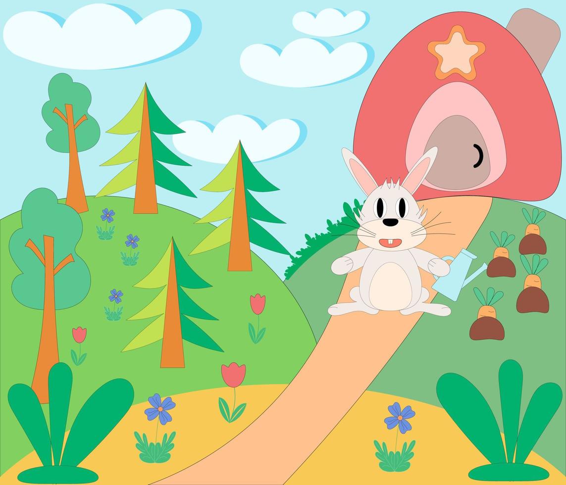 escena de jardín vectorial con lindo conejo. en el contexto de una casa, un jardín y un bosque. también elementos de flores y árboles. ilustración de estilo de dibujos animados planos vectoriales. vector