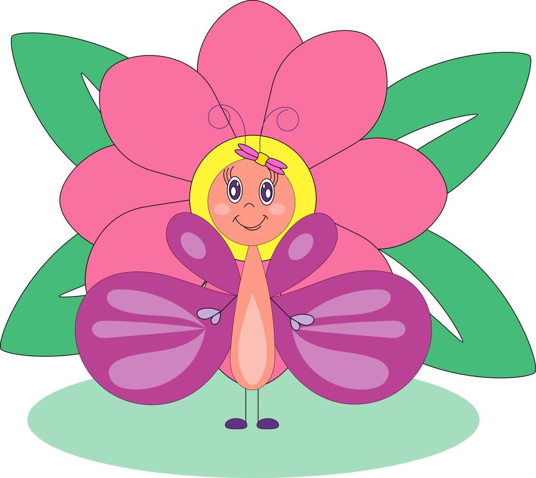 personaje de mariposa. en el contexto de una flor. ilustración de dibujos animados plana aislada sobre fondo blanco. vector