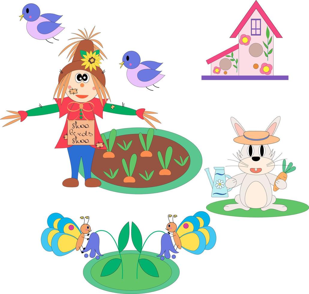 ambientado con personajes de jardín. lindo espantapájaros, conejo, pájaros y mariposas. ilustración plana vectorial. vector