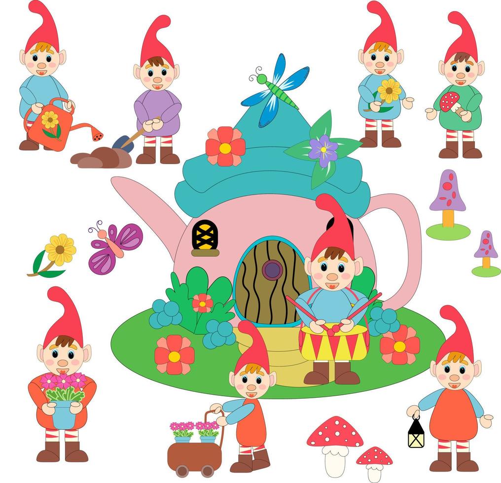 Garden gnome characters with various gardening tools, flashlight, wheelbarrow, flowers, mushrooms, drum, shovel. House. Dragonfly, butterflies. mushrooms and flowers. Vector illustration.