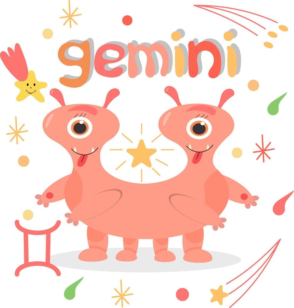 Cute cartoon zodiac monster Gemini. Against the background of cosmic attributes, stars, shooting star, zodiac sign. Great print for kids clothes. Postcard for congratulations. vector