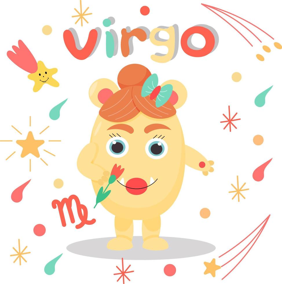 Cute cartoon zodiac monster Virgo. Against the background of cosmic attributes, stars, shooting star, zodiac sign. Great print for kids clothes. Postcard for congratulations. vector