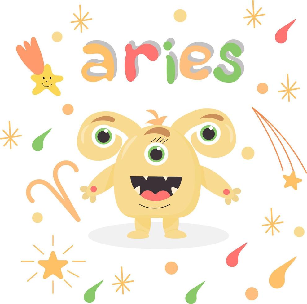 Cute cartoon zodiac monster Aries. Against the background of cosmic attributes, stars, shooting star, zodiac sign. Great print for kids clothes. Postcard for congratulations. vector