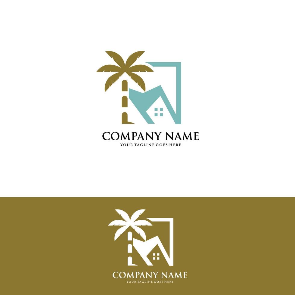 casa con vector de logotipo de palmera, casa de playa tropical o ilustración de diseño de icono de hotel