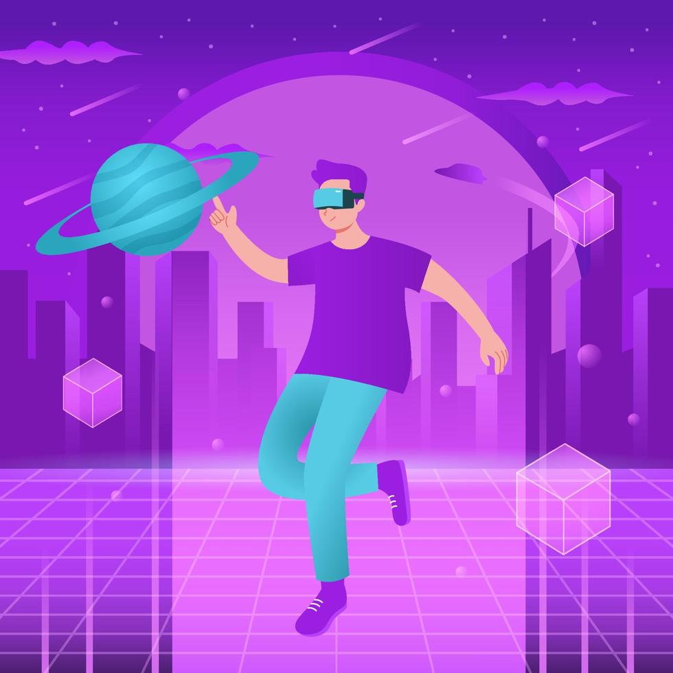 concepto de universo virtual con niño con gafas de realidad virtual vector