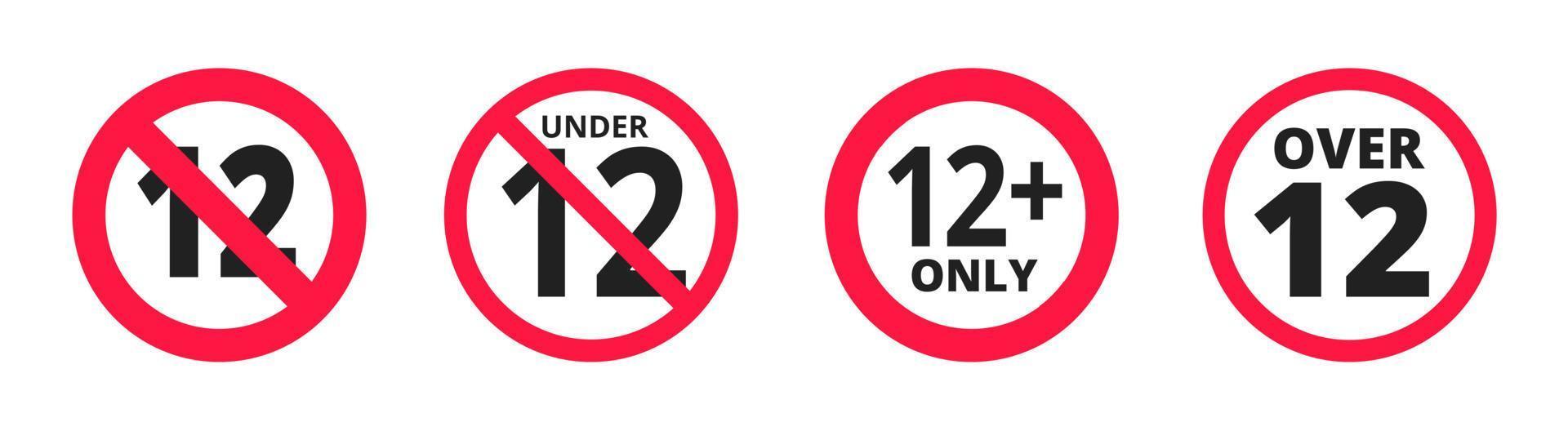 Over 12 years old plus forbidden round icon sign vector illustration set.