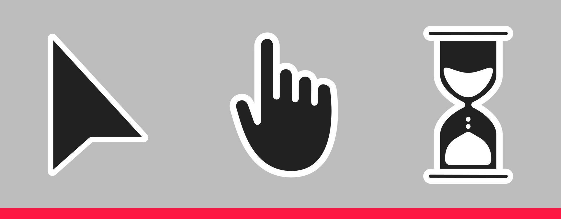 White hourglass loading clock, pointer hand and arrow mouse cursors. vector