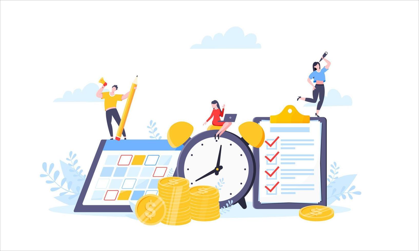Time is money or saving money business concept. Tiny people working with clock, calendar schedule and checklist symbol. vector