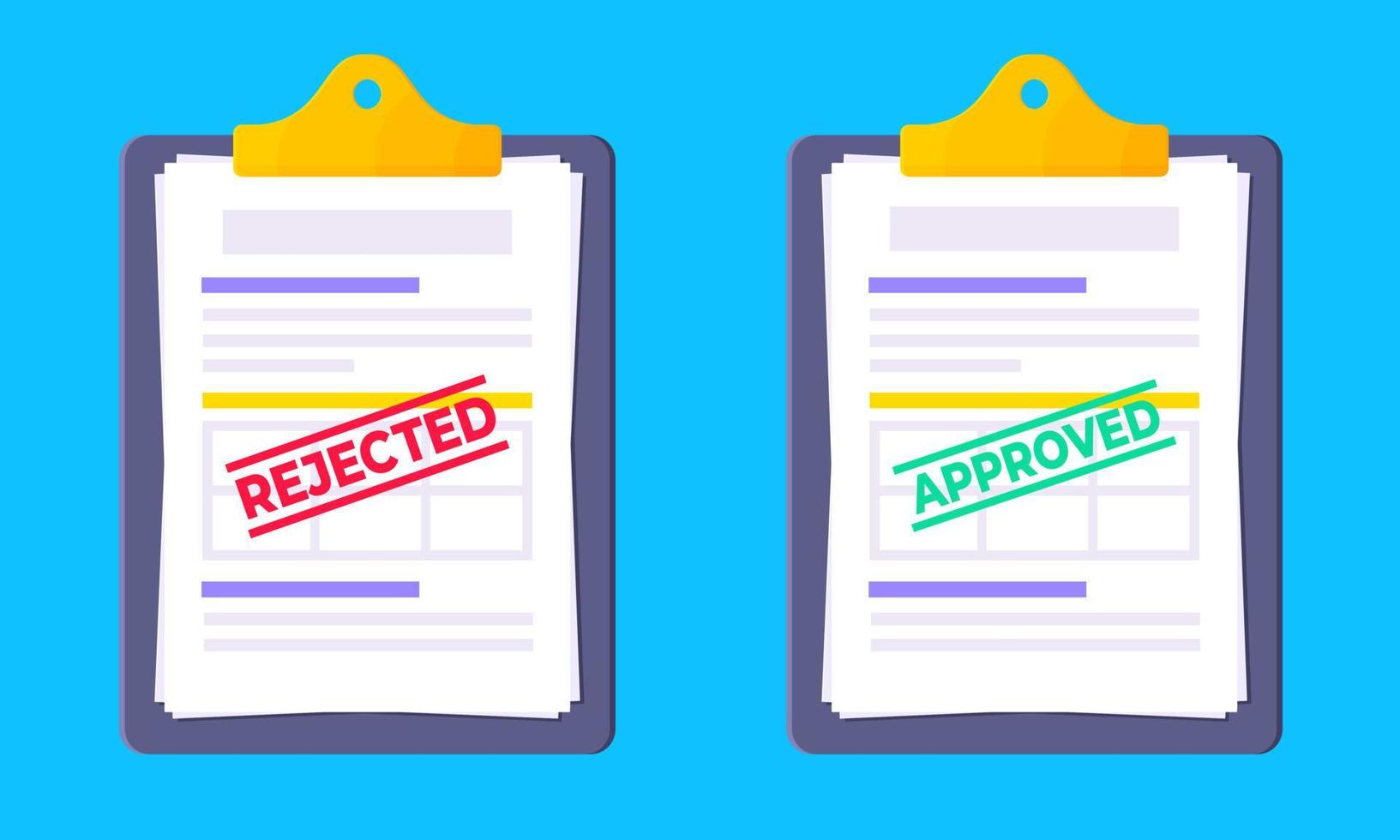 Rejected and approved credit or loan form with clipboard and claim form on it. vector