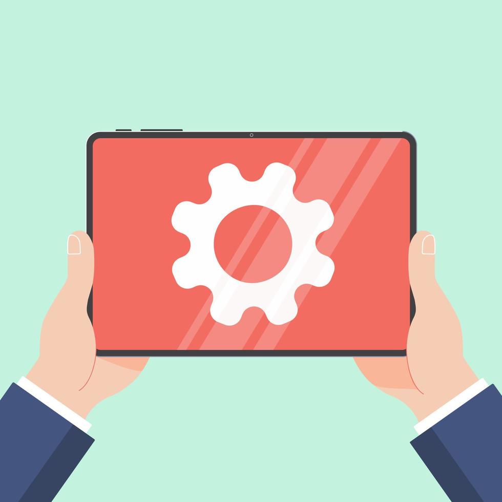 Hands holding black tablet device isolated on light blue background. Pad tablet in human's hands with gears on screen flat design vector illustration. Technology concept of maintenance cog symbol.