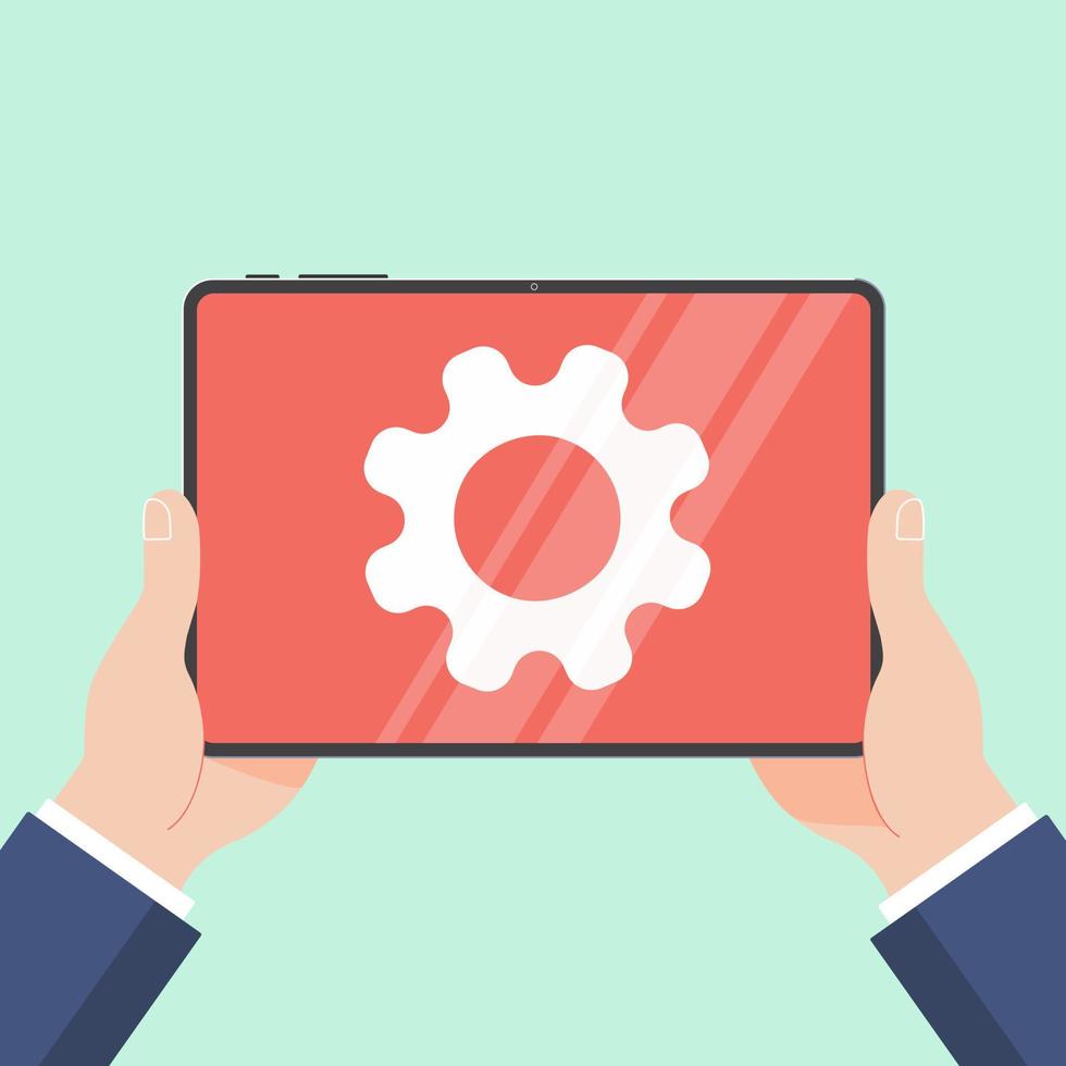 Hands holding black tablet device isolated on light blue background. Pad tablet in human's hands with gears on screen flat design vector illustration. Technology concept of maintenance cog symbol.