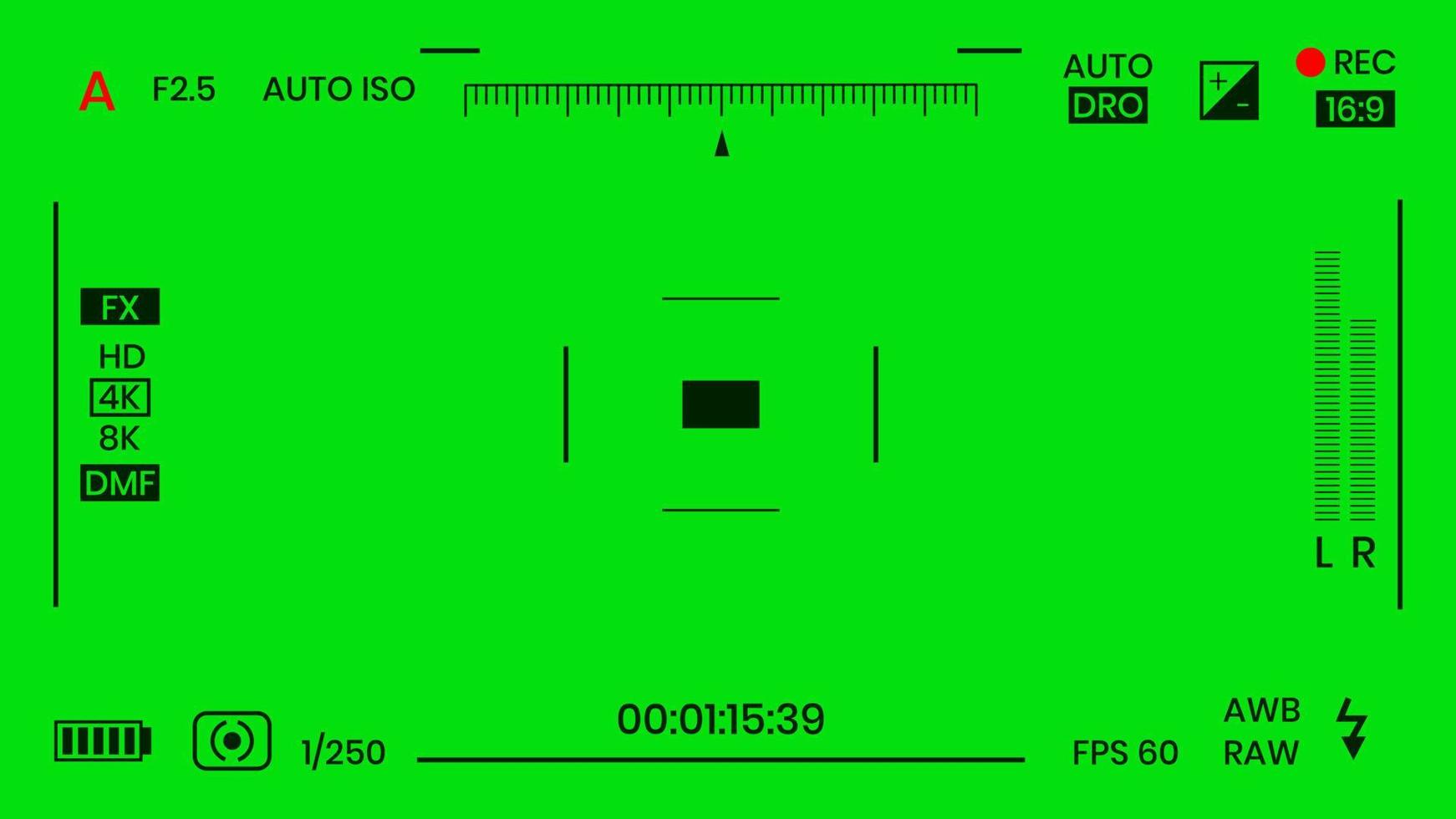 Green colored chroma key camera rec frame viewfinder overlay background screen flat style design vector illustration. Chroma key VFX screen camera overlay abstract background concept for video footage