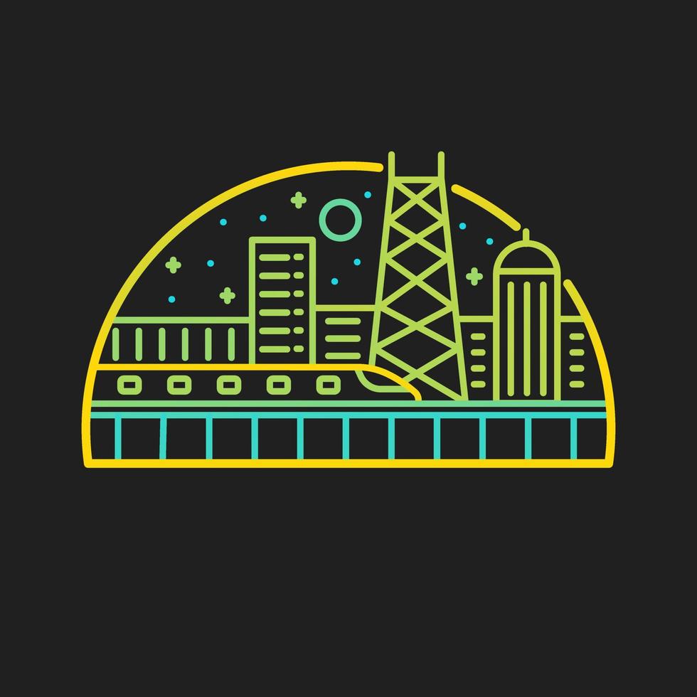 un tren cruza una torre de la ciudad por la noche, diseño de línea mono, diseño para camiseta, placa, pegatina, etc. vector