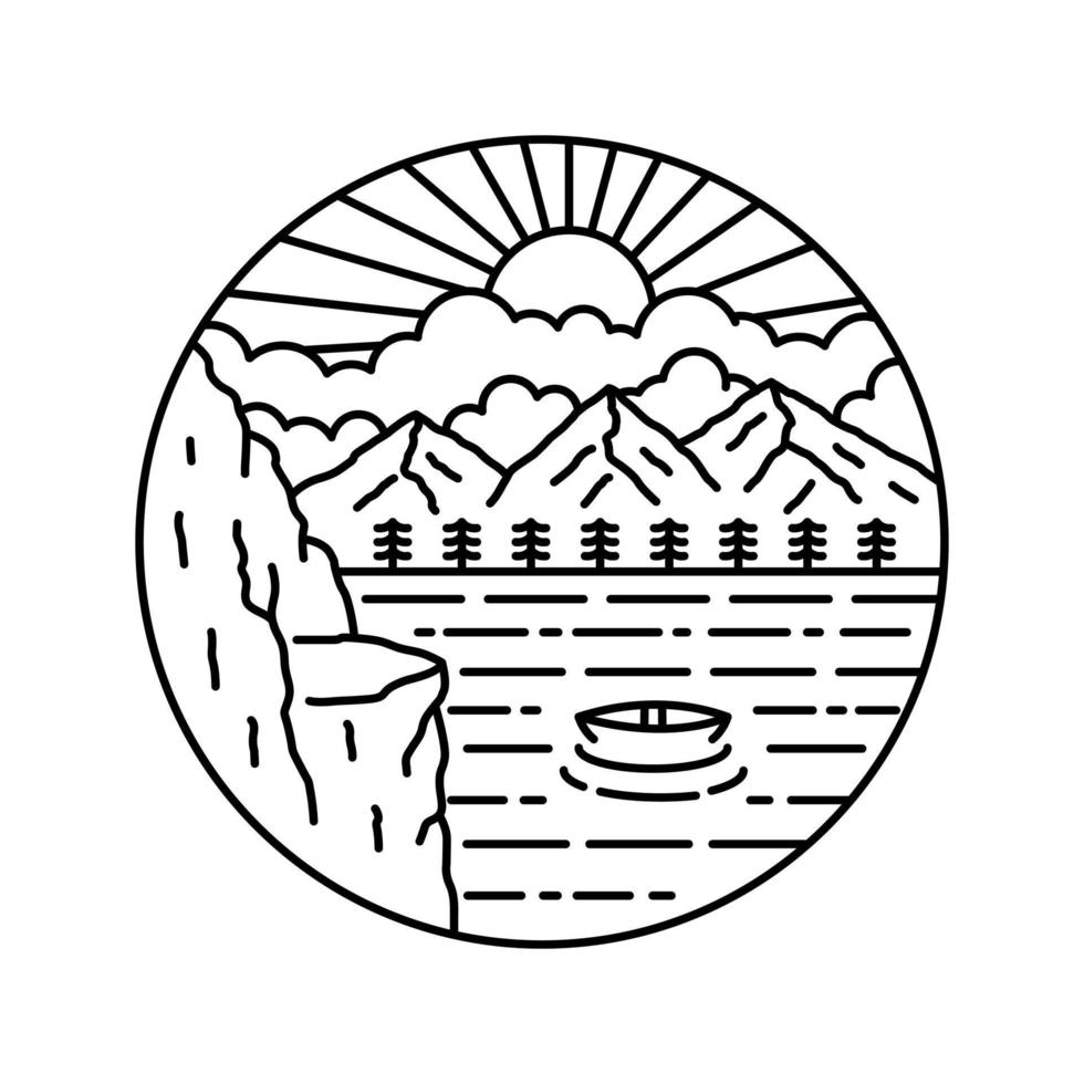 mono line art design of nature sea and mountain cliff for badge patch emblem graphic vector art t-shirt design