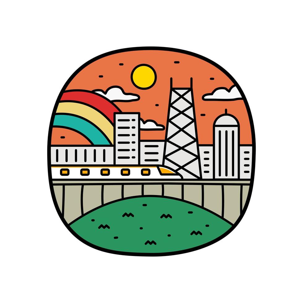 a train cross a city and tower at the day .Design for t-shirt, badge, kids stuff, sticker, etc vector