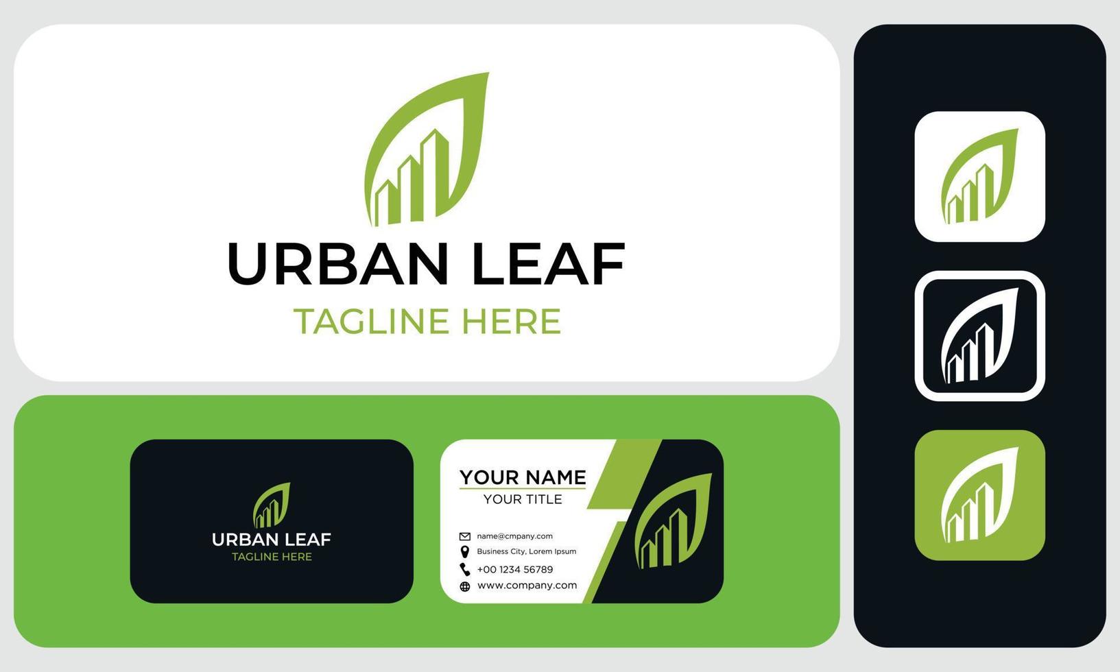 Package of business card and logo design. Green leaf with green city buildings silhouette. Vector logo template. Abstract design concept for ecology theme, real estate agency, building company.