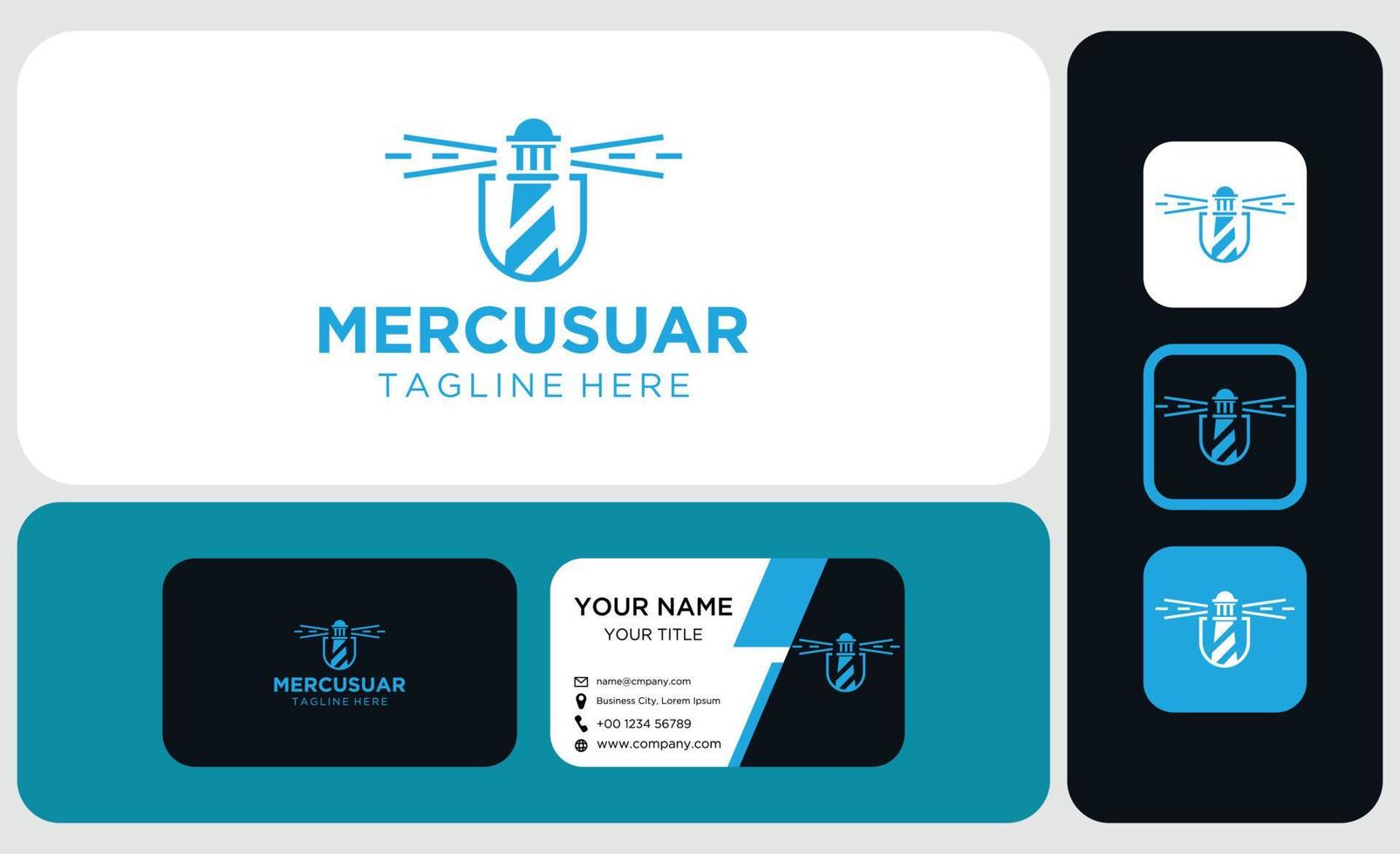Package of business card and logo design. Lighthouse, Beacon logo icon. Vector Illustration. Modern linear simple logotype template